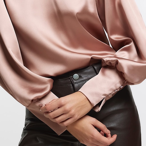 River Island Beige Satin Long Sleeve Blouse - Picture 4 of 5